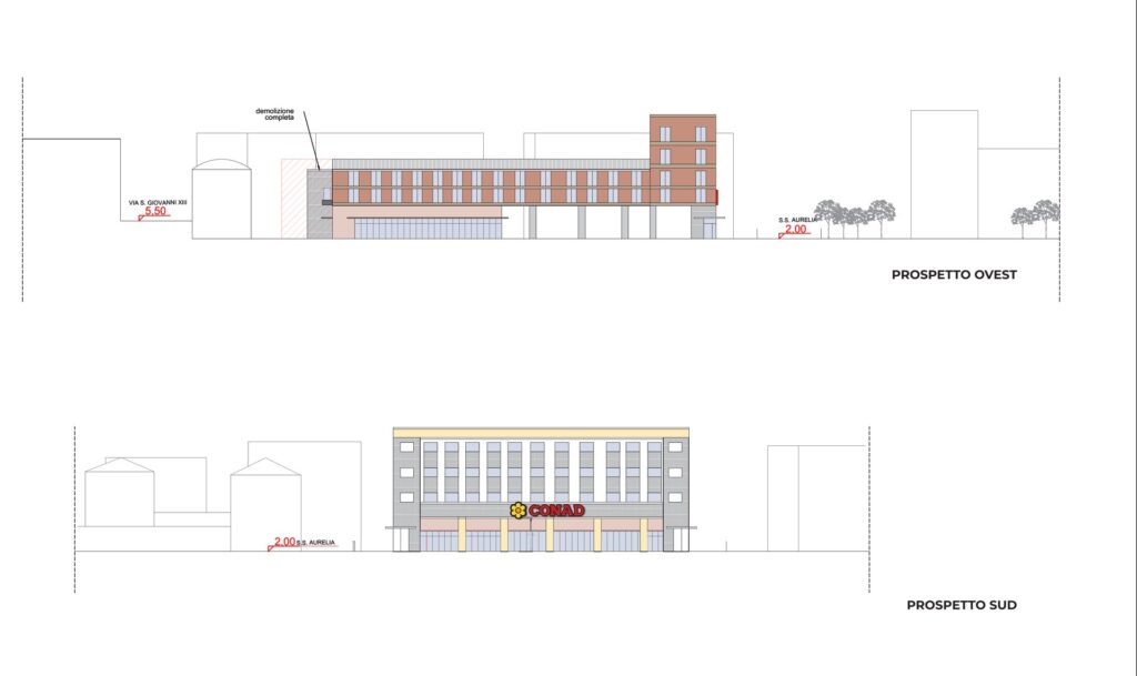 Prospetti ovest e sud di progetto