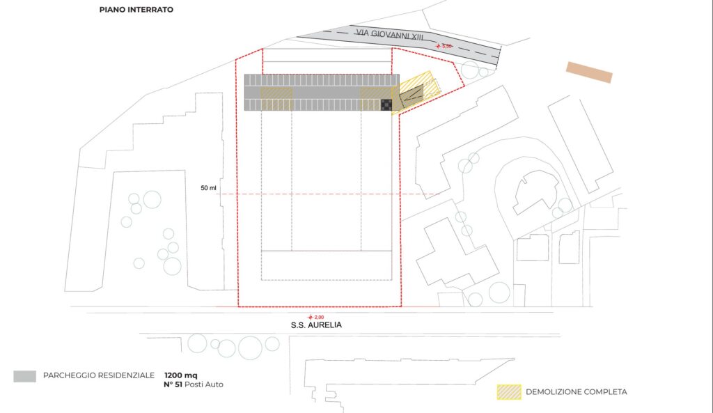 Planimetria del piano interrato con parcheggio residenziale