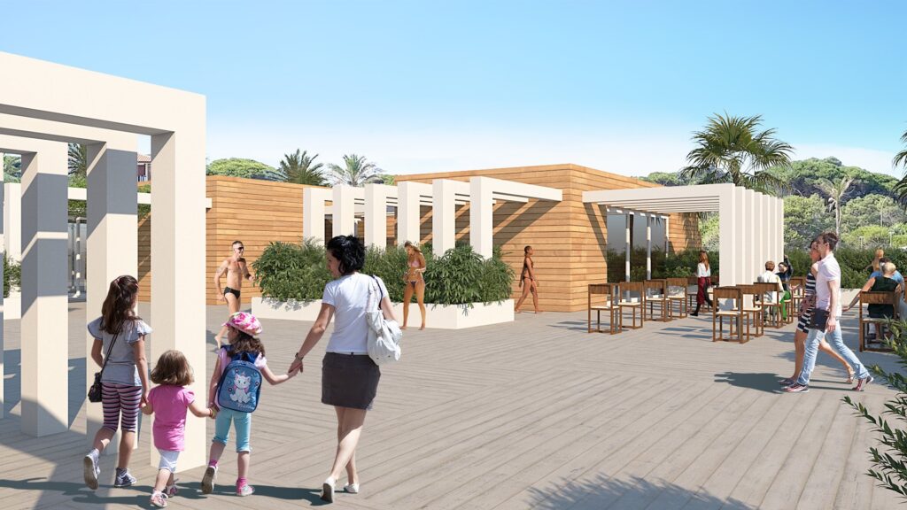 Piazza sul lungomare con pergolati e servizi