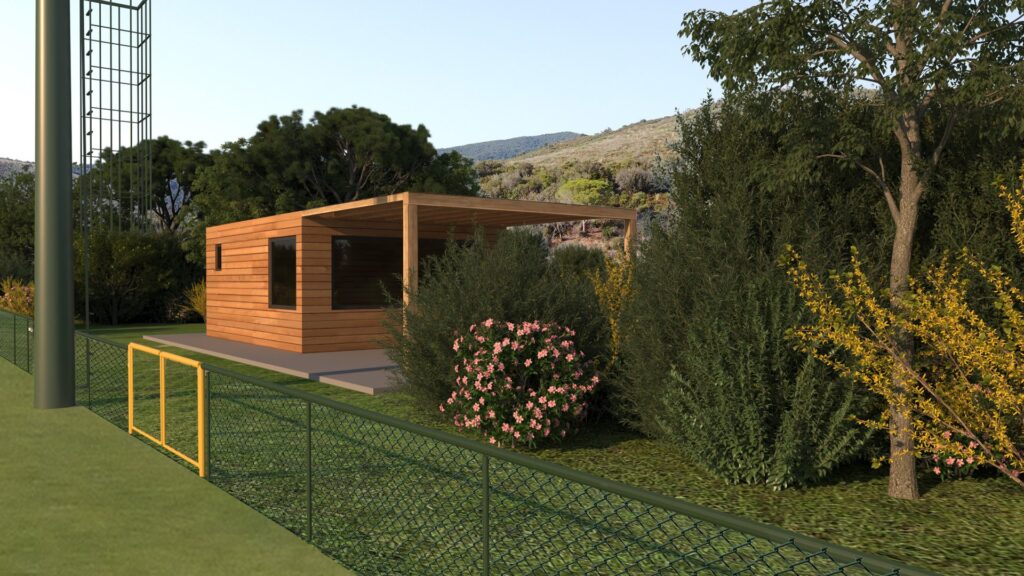 Render del nuovo locale servizi accanto al campo