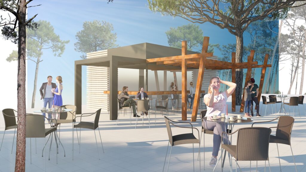 Chiosco bar con pergolato in legno nella pineta