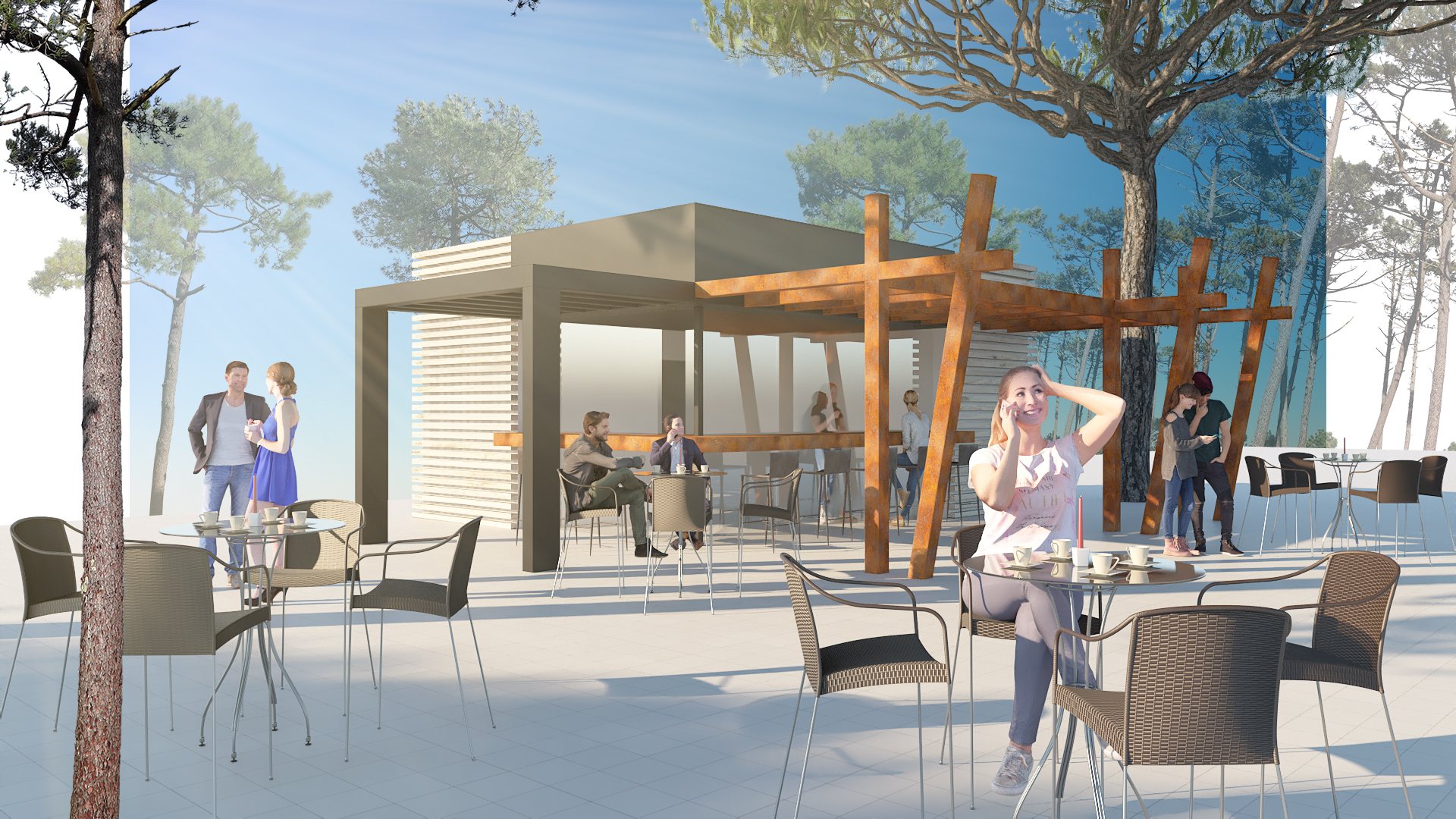 Chiosco bar con pergolato in legno nella pineta