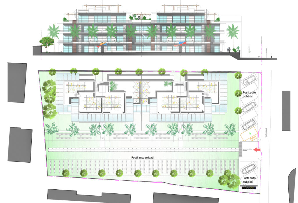 Pianta delle coperture e prospetto del complesso residenziale