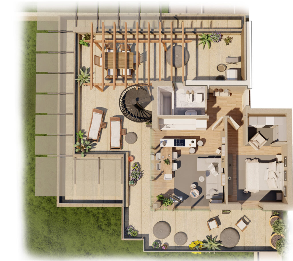 Render in pianta del bilocale 14A al piano attico