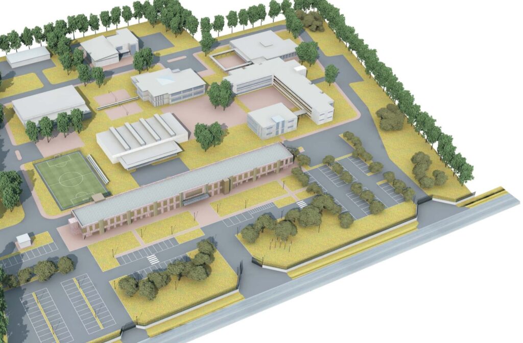 Assonometria del polo didattico dal lato dei parcheggi