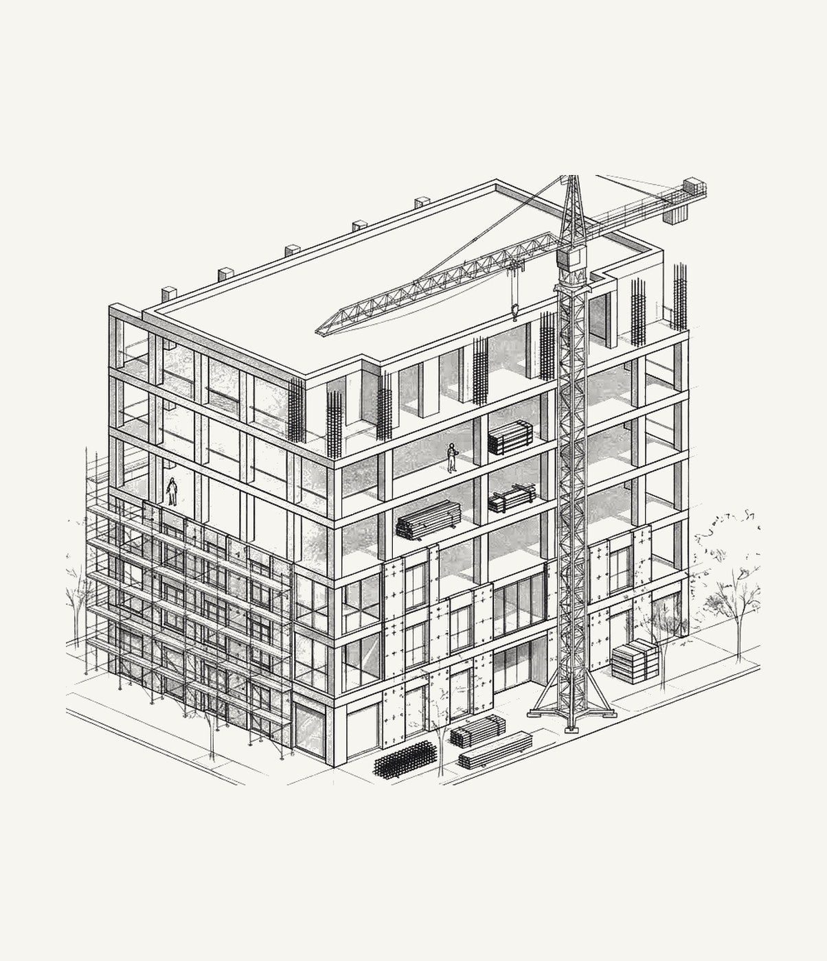 Disegno di un edificio in costruzione con gru e ponteggi