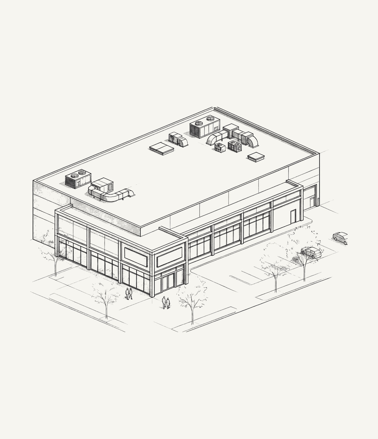 Disegno assonometrico di un edificio commerciale