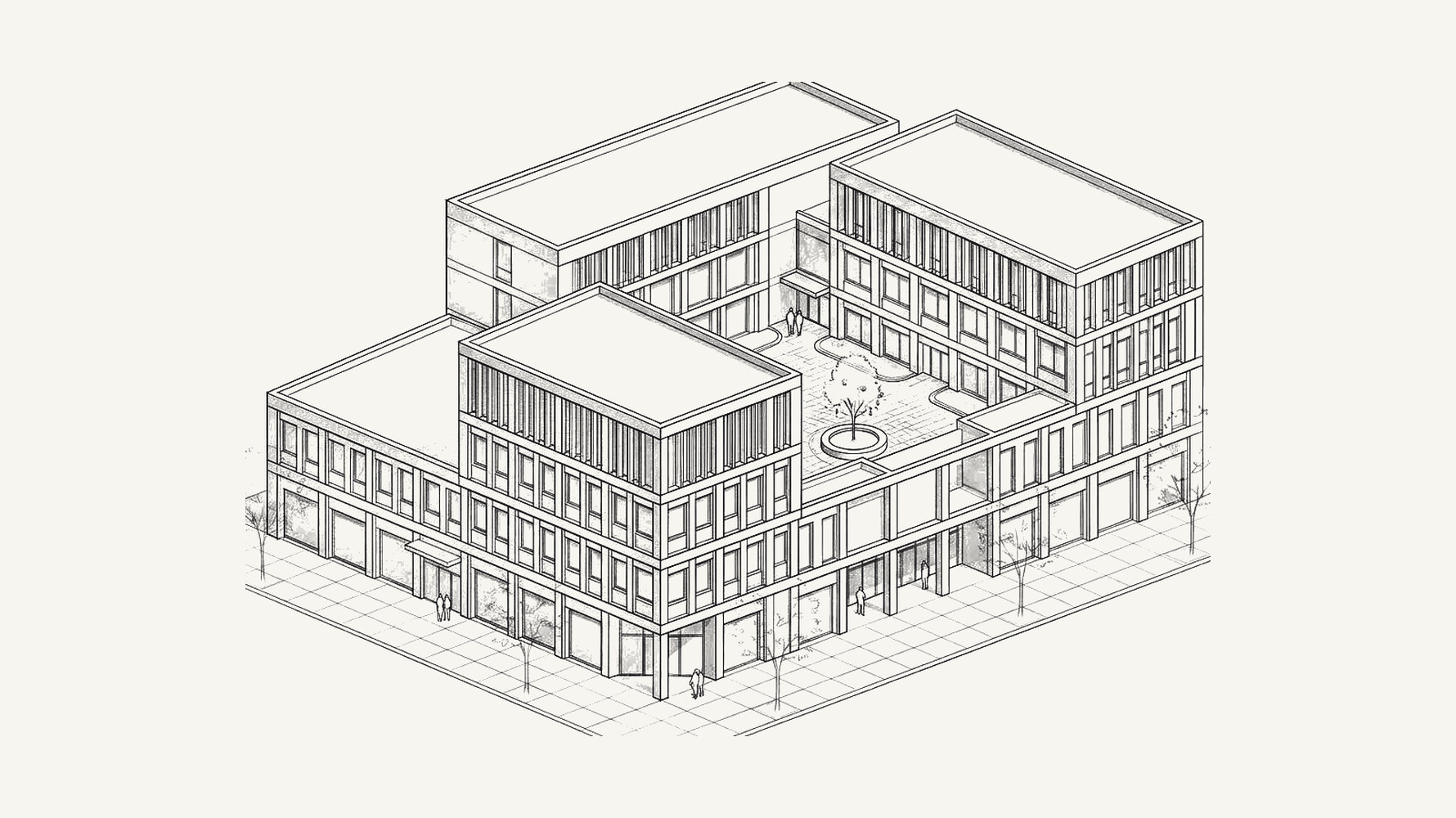 Disegno assonometrico di un edificio pubblico a corte
