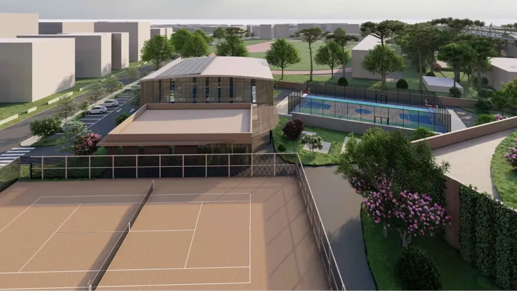 Vista dall'alto dei campi da tennis e padel e della piscina