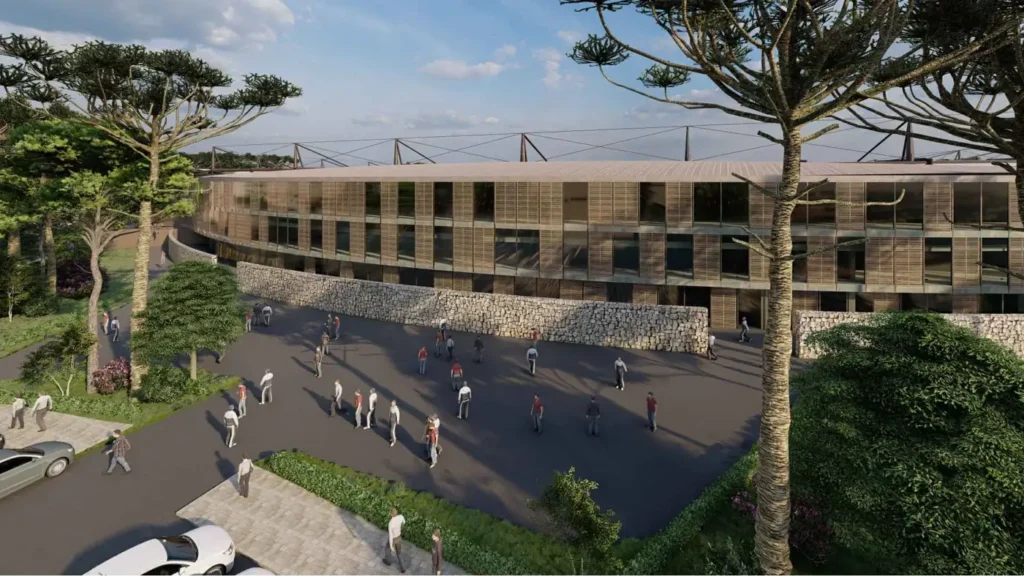Piazza d'ingresso pedonale allo stadio tra i pini