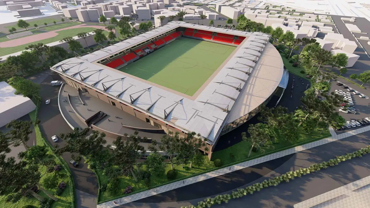 Vista aerea del nuovo stadio di Grosseto riqualificato con le nuove coperture