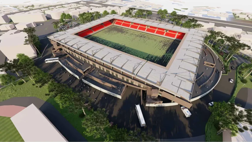 Vista aerea dello stadio di Grosseto con il fronte d'ingresso e la viabilità