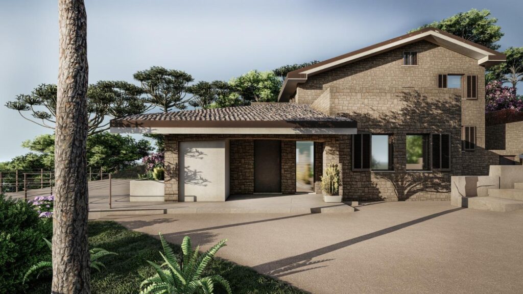 Villa esistente e nuovo volume dalla corte d’ingresso